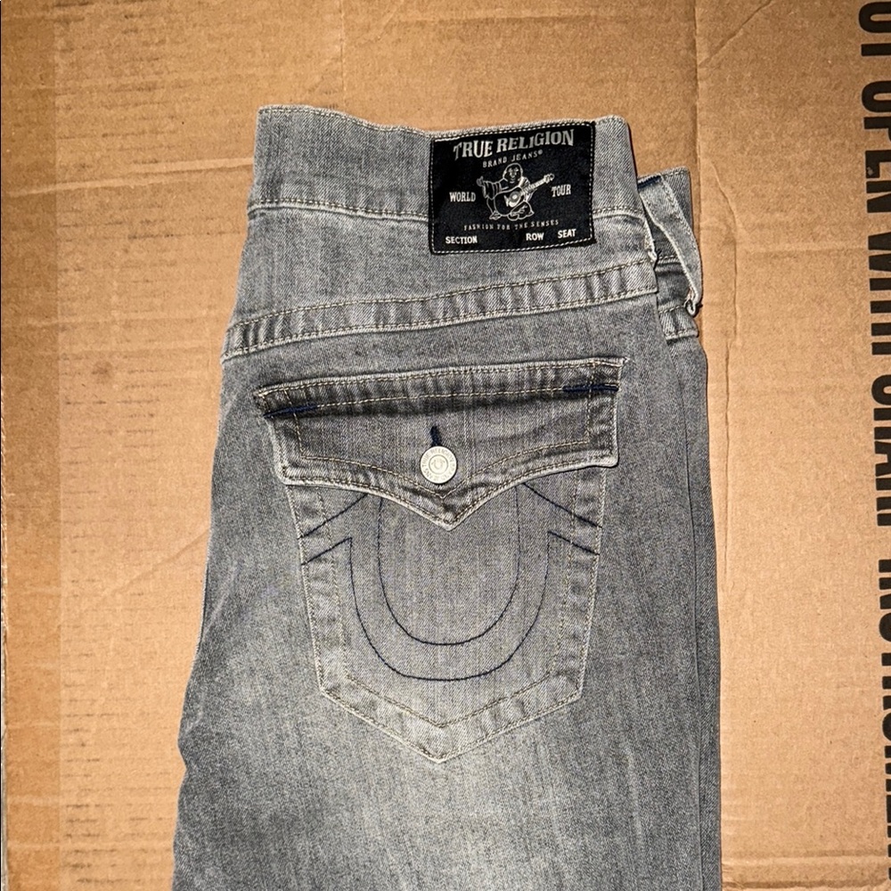 True Religion Gray Relaxed Jeans with Signature Stitching